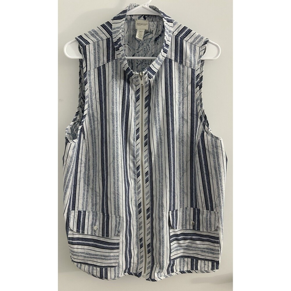 Zenergy by Chico's Neema Reversible Vest Zip Pockets Striped Paisley preppy 3P